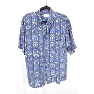Vintage‎ Summa Shirt Men's S 100% Silk Blue Geometric Abstract 90s Button-Up